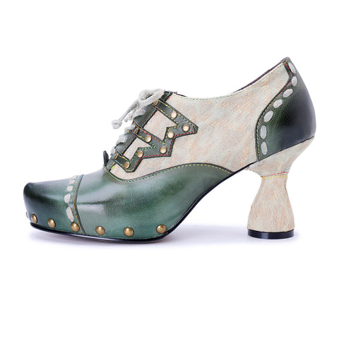 Retro Edge Studded Oxford Pumps - Women’s Chunky Heel Lace-Up Shoes (7 cm) - Leather & Fabric Combo