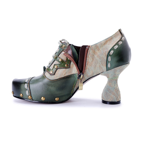 Retro Edge Studded Oxford Pumps - Women’s Chunky Heel Lace-Up Shoes (7 cm) - Leather & Fabric Combo