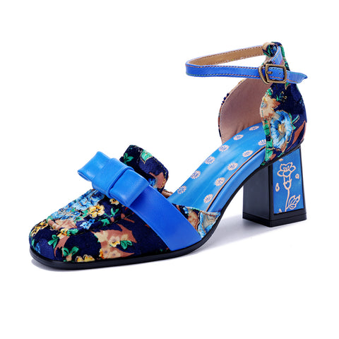 CrazycatZ Women's Leather Mary Jane Shoes Sandals Colorful Summer Shoes with Bow Block Heels pumps Blue