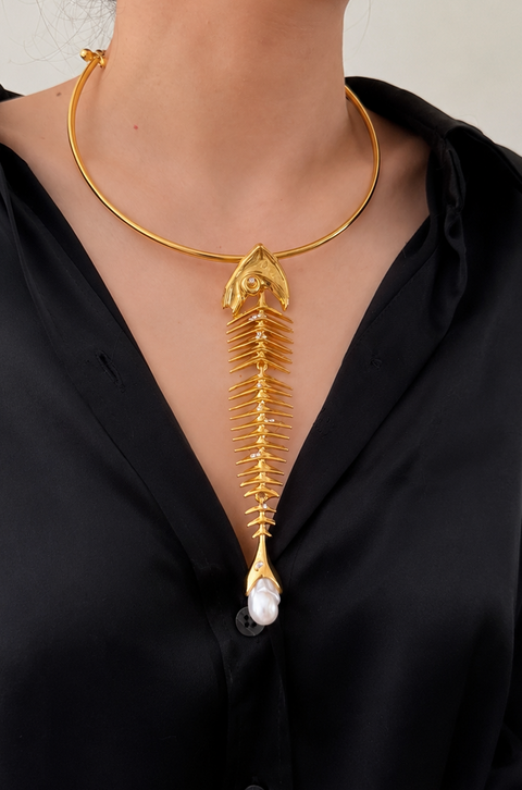 Gold Fish Skeleton Choker Necklace | Sculptural Pearl Accent Statement Jewelry