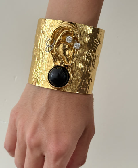 Gold Ear Cuff Bracelet | Sculptural Statement Cuff | Black Onyx Cuff Bracelet | Modern Gold Cuff | Artistic Wide Bracelet
