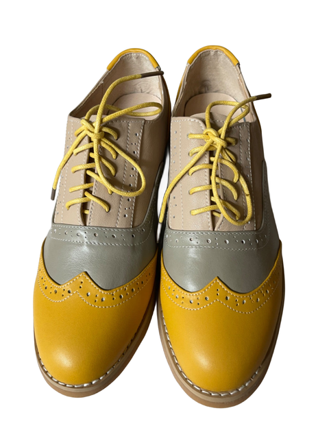 CrazycatZ Women's Leather Oxford Shoes Colorful Leather Oxfords Vintage Lace up Shoes Yellow