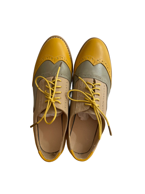 CrazycatZ Women's Leather Oxford Shoes Colorful Leather Oxfords Vintage Lace up Shoes Yellow