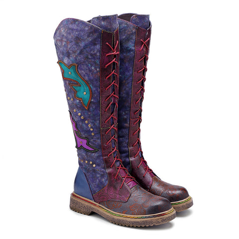 CrazycatsZ Womens Leather Bohemian Knee High Boots Dolphin Patterned Long Boots