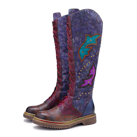 CrazycatsZ Womens Leather Bohemian Knee High Boots Dolphin Patterned Long Boots