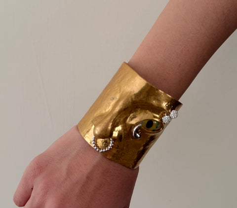 Sculptural Face Cuff Bracelet: Textured Gold Statement Wearable Art