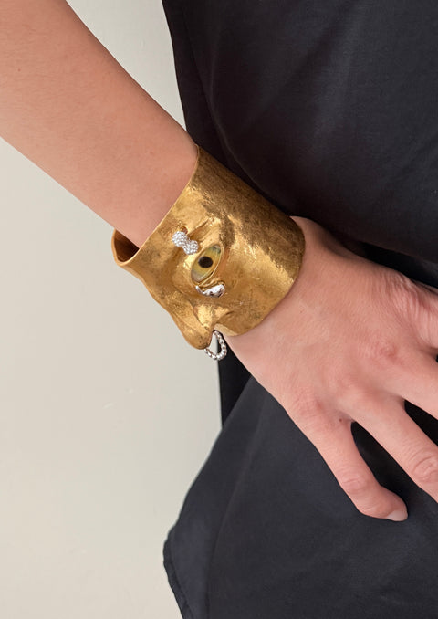 Sculptural Face Cuff Bracelet: Textured Gold Statement Wearable Art