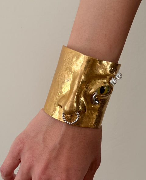 Sculptural Face Cuff Bracelet: Textured Gold Statement Wearable Art