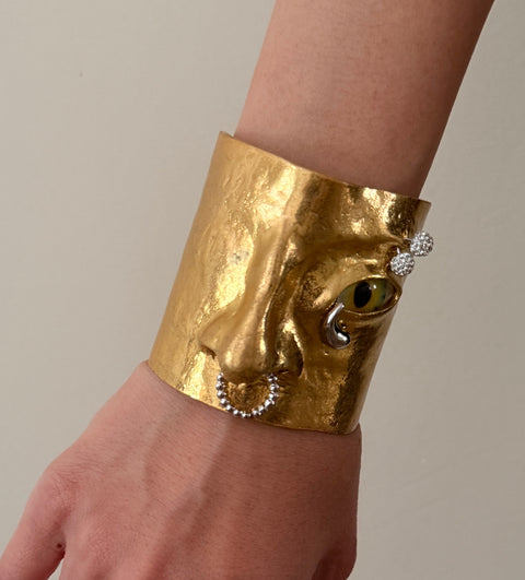 Sculptural Face Cuff Bracelet: Textured Gold Statement Wearable Art