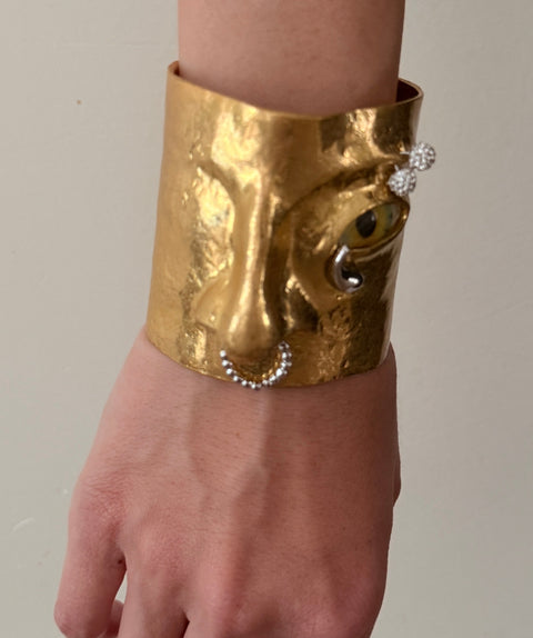 Sculptural Face Cuff Bracelet: Textured Gold Statement Wearable Art