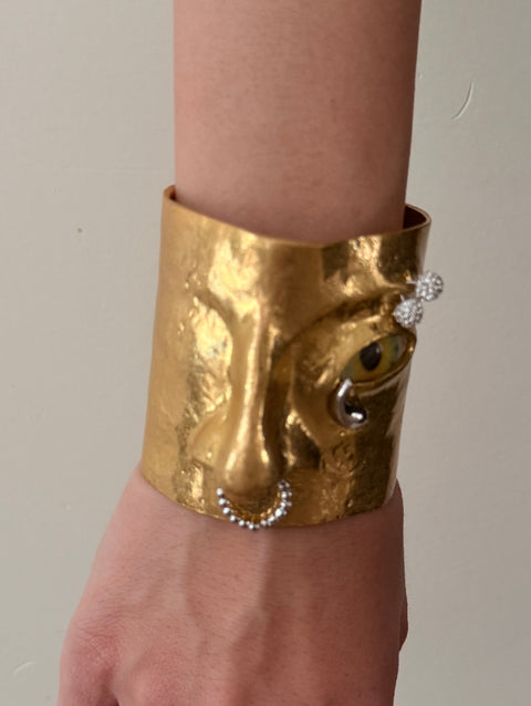 Sculptural Face Cuff Bracelet: Textured Gold Statement Wearable Art