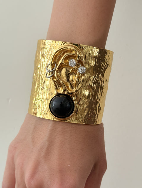 Gold Ear Cuff Bracelet | Sculptural Statement Cuff | Black Onyx Cuff Bracelet | Modern Gold Cuff | Artistic Wide Bracelet