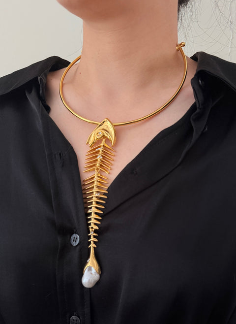 Gold Fish Skeleton Choker Necklace | Sculptural Pearl Accent Statement Jewelry