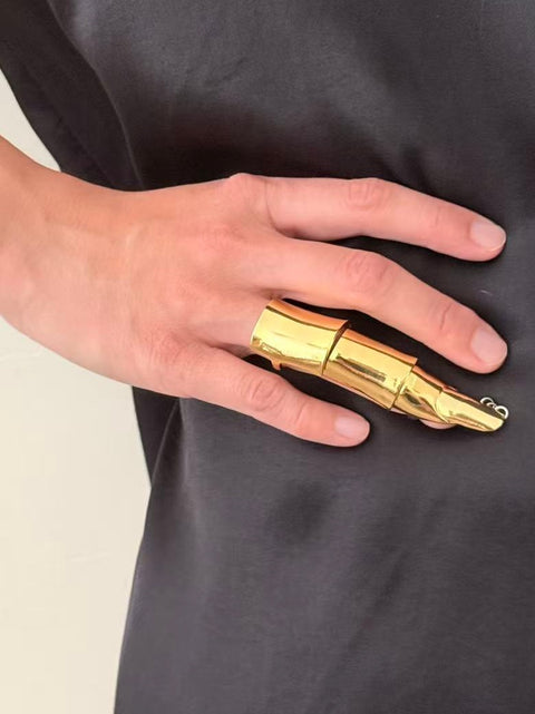 Sculptural Gold Armor Ring | Elongated Finger Statement Jewelry