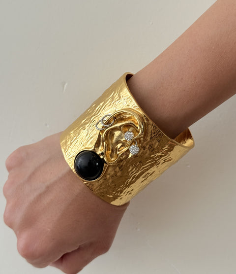 Gold Ear Cuff Bracelet | Sculptural Statement Cuff | Black Onyx Cuff Bracelet | Modern Gold Cuff | Artistic Wide Bracelet