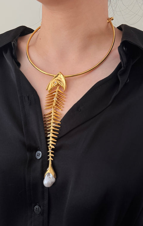 Gold Fish Skeleton Choker Necklace | Sculptural Pearl Accent Statement Jewelry