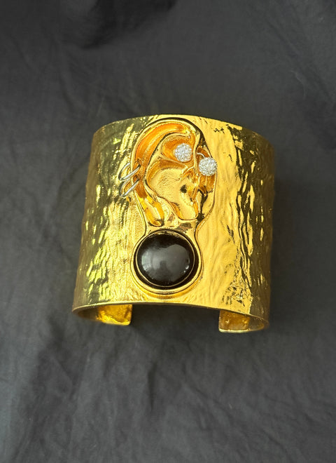 Gold Ear Cuff Bracelet | Sculptural Statement Cuff | Black Onyx Cuff Bracelet | Modern Gold Cuff | Artistic Wide Bracelet