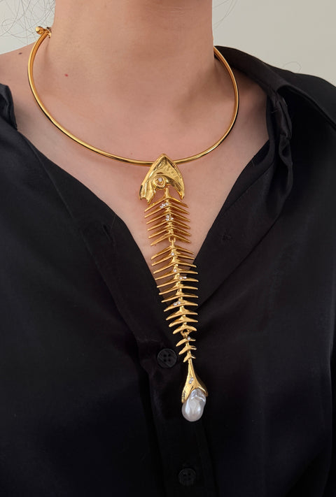 Gold Fish Skeleton Choker Necklace | Sculptural Pearl Accent Statement Jewelry