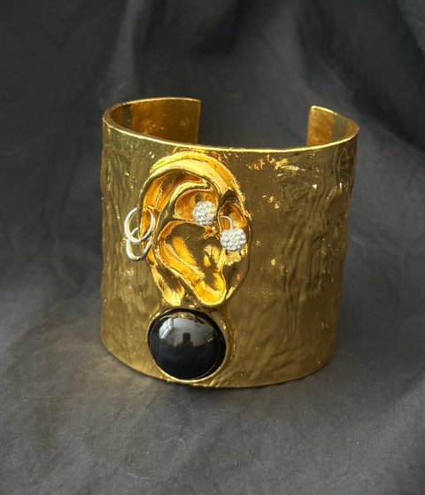 Gold Ear Cuff Bracelet | Sculptural Statement Cuff | Black Onyx Cuff Bracelet | Modern Gold Cuff | Artistic Wide Bracelet