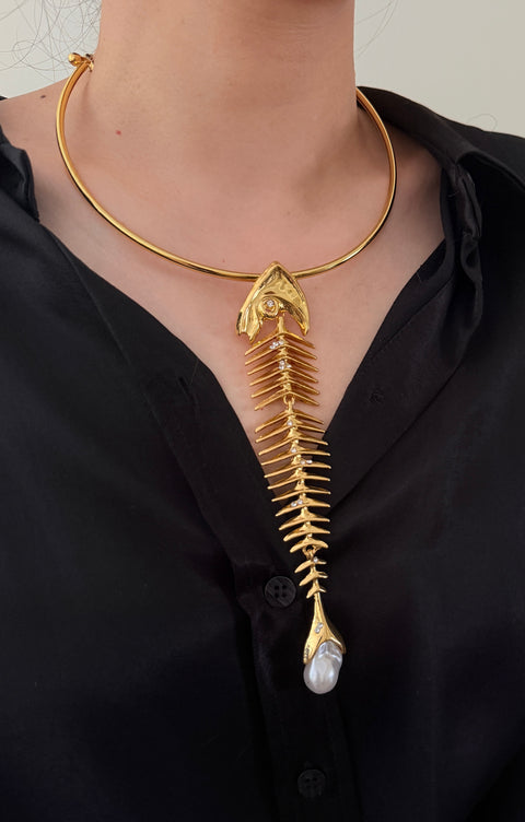 Gold Fish Skeleton Choker Necklace | Sculptural Pearl Accent Statement Jewelry