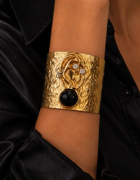 Gold Ear Cuff Bracelet | Sculptural Statement Cuff | Black Onyx Cuff Bracelet | Modern Gold Cuff | Artistic Wide Bracelet