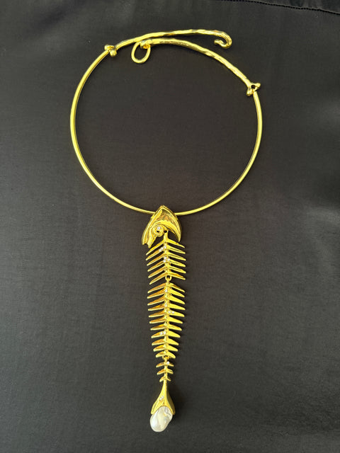 Gold Fish Skeleton Choker Necklace | Sculptural Pearl Accent Statement Jewelry