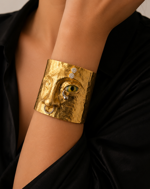 Sculptural Face Cuff Bracelet: Textured Gold Statement Wearable Art