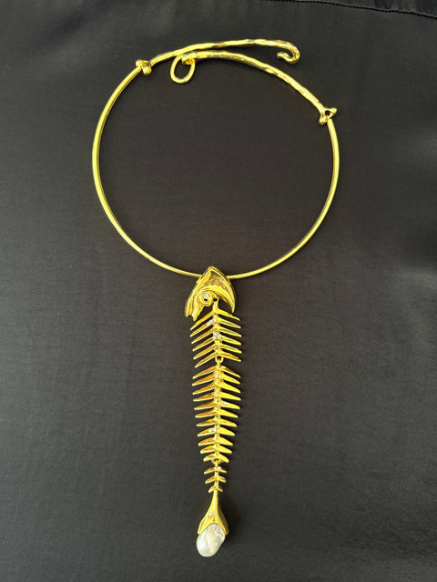 Gold Fish Skeleton Choker Necklace | Sculptural Pearl Accent Statement Jewelry
