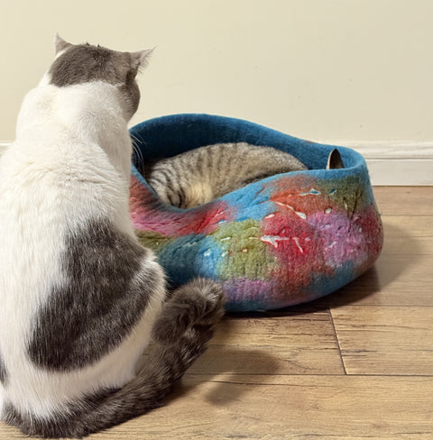 Himalayan Whisker Nest - Handmade Multicolored Wool Cat Basket (45 cm) - Eco-Friendly Pet Bed from Nepal