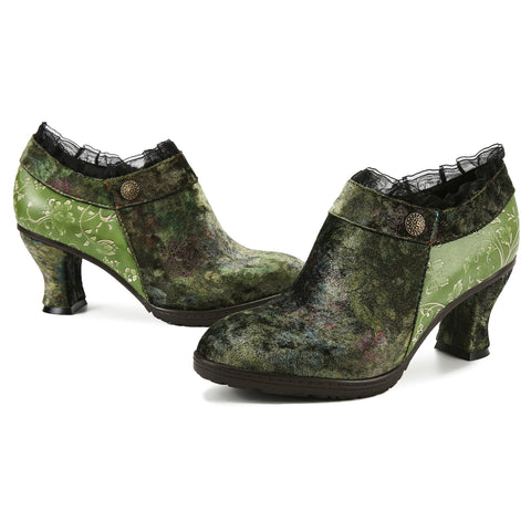 CrazycatZ Leather Pumps,Women  Vintage Block Heel Oxford Vintage Velvet Leather Lace Trim Pumps Shoes Green