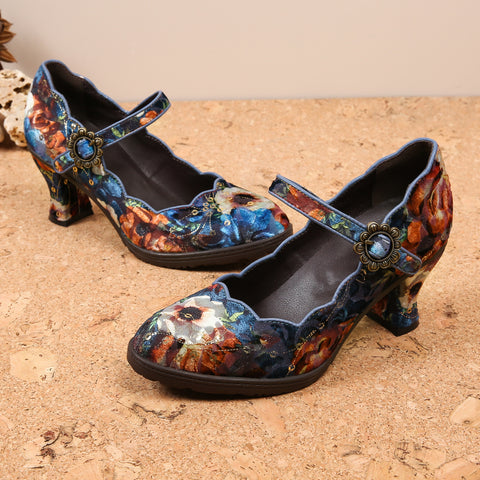 CrazycatZ Women's Leather Mary Jane Shoes Mary Jane Colorful Leather Oxfords Vintage Leather Pumps Blue Floral