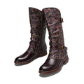 CrazycatZ Womens Leather Bohemian Knee High Boots Patterned Long Boots Vintage Boots Red Wine