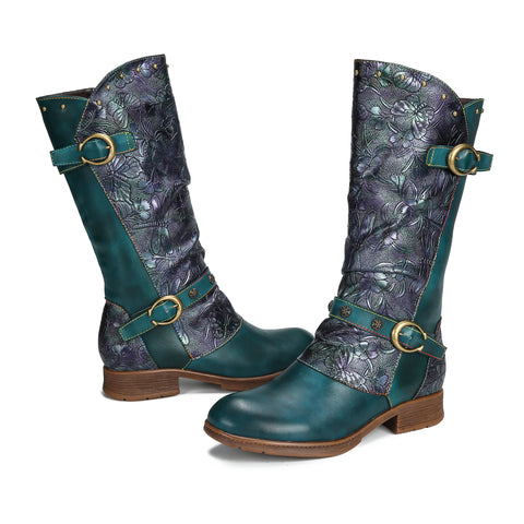 CrazycatZ Womens Leather Bohemian Knee High Boots Patterned Long Boots Vintage Boots Green