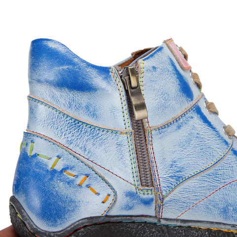 CrazycatZ Womens Leather Ankle Boots Colorful Stitching Sport Boots Blue