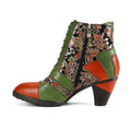 CrazycatZ Womens Leather Ankle Boots Bohemian Block Heel Colorful Floral Leather Boots Green