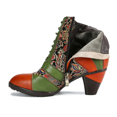 CrazycatZ Womens Leather Ankle Boots Bohemian Block Heel Colorful Floral Leather Boots Green