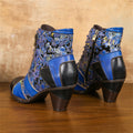 CrazycatZ Womens Leather Ankle Boots Bohemian Block Heel Colorful Floral Leather Boots Lake Blue