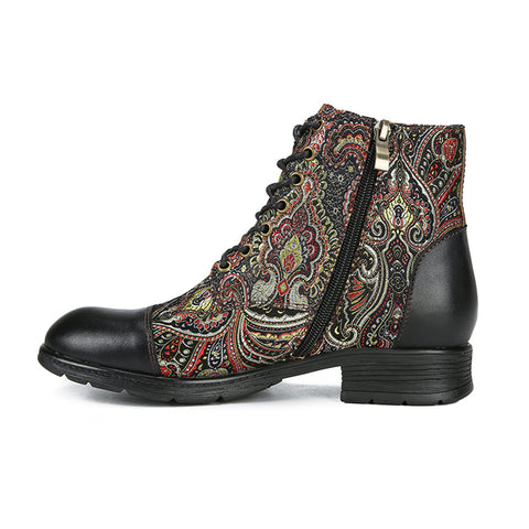 CrazycatZ Womens Leather Ankle Boots Bohemian Sporty Colorful Leahter Boots Black