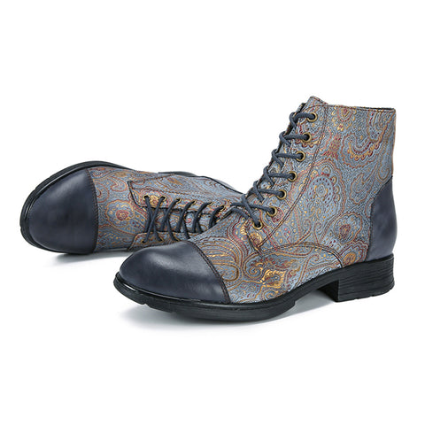 CrazycatZ Womens Leather Ankle Boots Bohemian Sporty Colorful Leahter Boots Navy