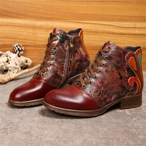 CrazycatZ Womens Leather Ankle Boots Bohemian Sporty Colorful Leahter Boots Dark Red