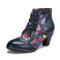 Womens  Leather Ankle Boots Vintage Floral Bootie Blue