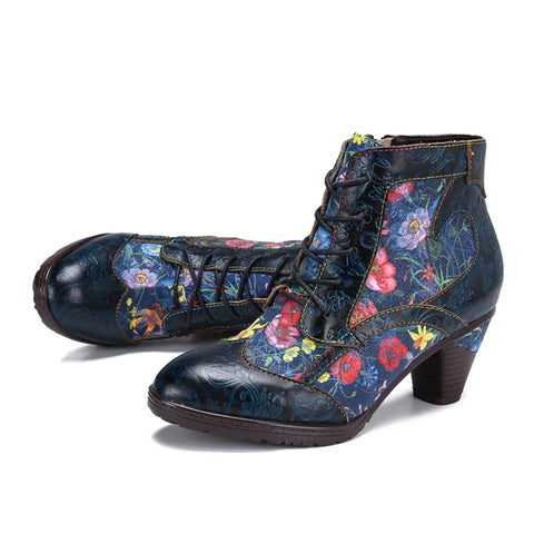 Womens  Leather Ankle Boots Vintage Floral Bootie Blue