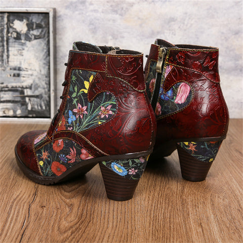 Womens  Leather Ankle Boots Vintage Floral Bootie Dark Red