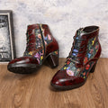 Womens  Leather Ankle Boots Vintage Floral Bootie Dark Red
