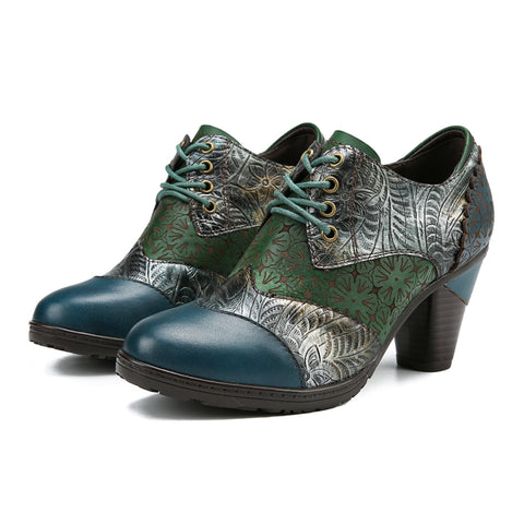CrazycatZ Leather Pumps,Women  Vintage Block Heel Oxford Vintage Shoes Colorful Leather Pumps Green