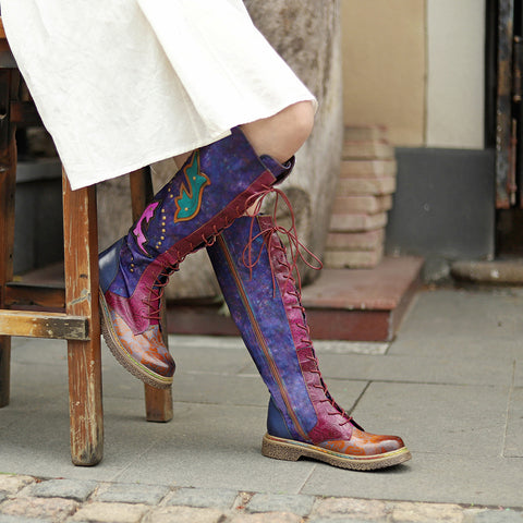 CrazycatsZ Womens Leather Bohemian Knee High Boots Dolphin Patterned Long Boots