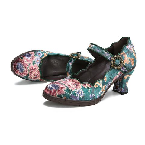 CrazycatZ Women's Leather Mary Jane Shoes Mary Jane Colorful Leather Oxfords Vintage Leather Pumps Green Floral