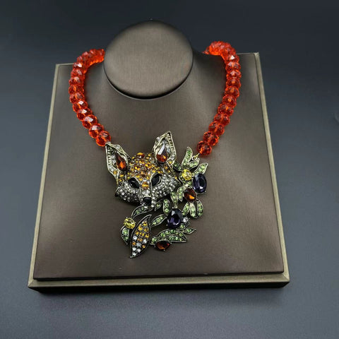 Rhinestone Crystal Bib Chunky Collar Statement Necklace for Women Costume Jewelry Fox