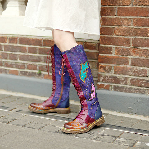 CrazycatsZ Womens Leather Bohemian Knee High Boots Dolphin Patterned Long Boots