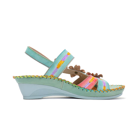 CrazycatZ Leather Wedged Sandals,Women Leather Bohemian Colorful Sandal Floral Sandal